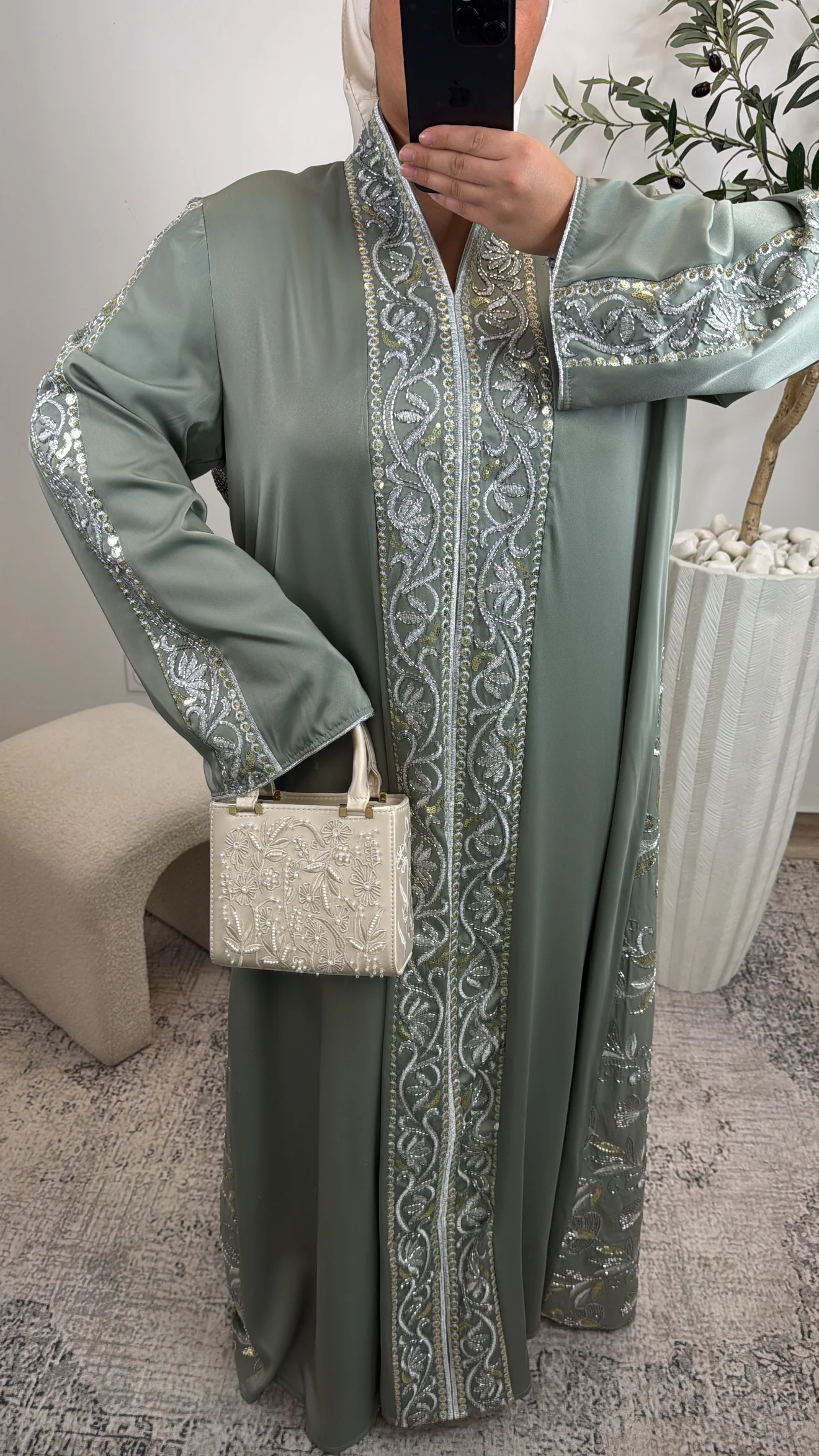 ABAYA BRODÉ FIL [ vert d’eau ] - Image 2
