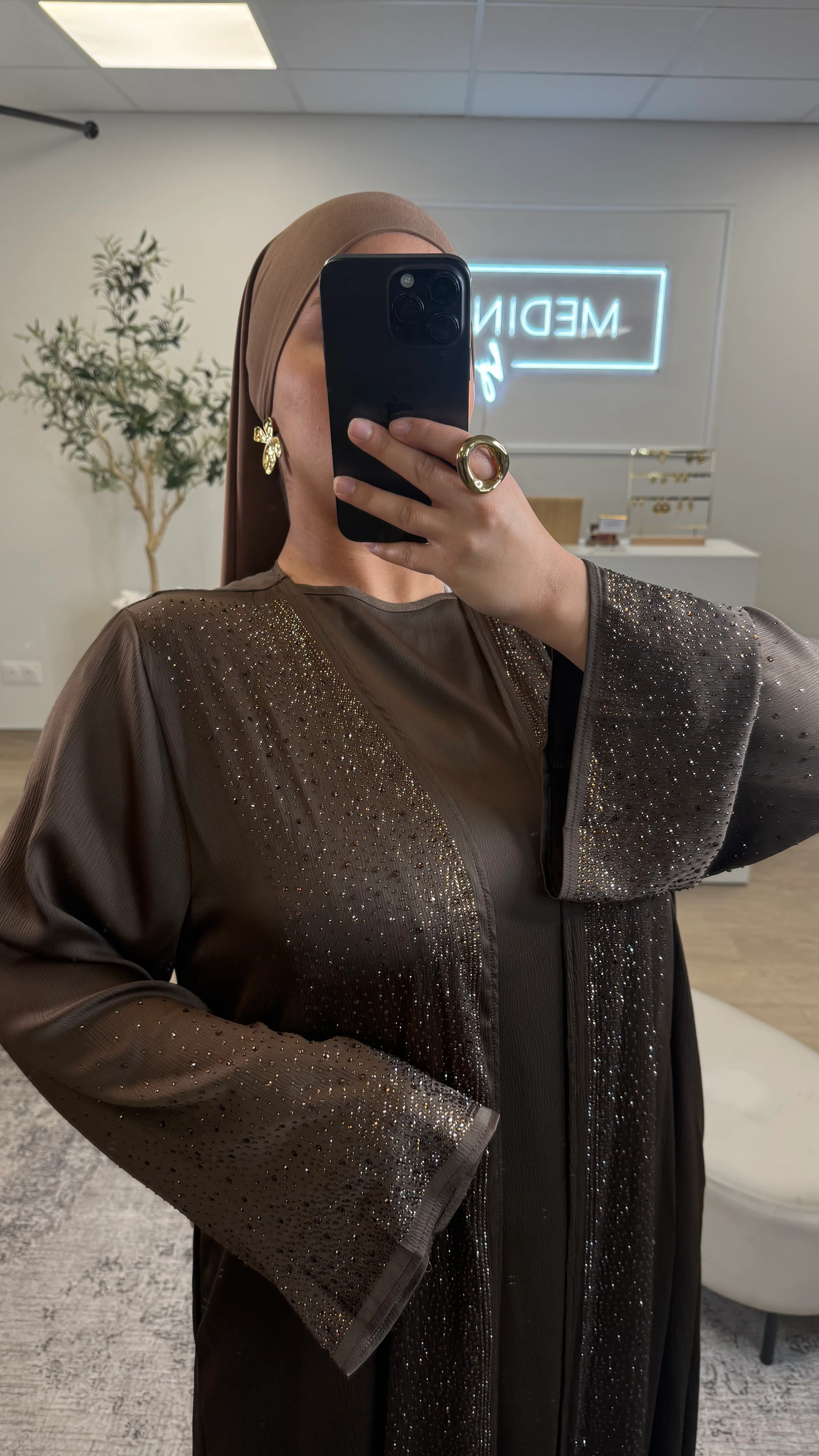 ENSEMBLE KIMONO ET SOUS ROBE PREMIUM À STRASS [ marron ] - Image 2